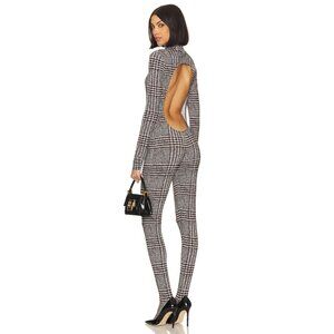 Norma Kamali Long Sleeve Open Back Catsuit With Footsie Chocolate Glenn Plaid Tw